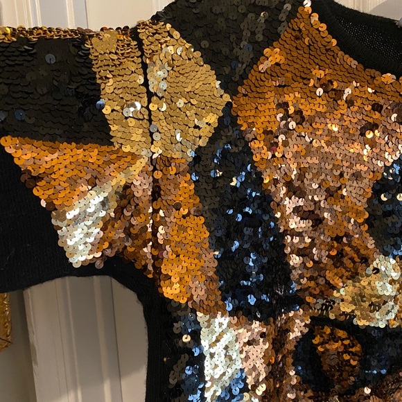 Vintage Semplice Sequin Metallic Front Design Black Wool Cropped Sweater EUC Med - Picture 12 of 16